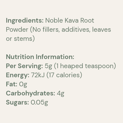 Nutrition facts label text for Noble Kava Root Powder on a light beige background, showing ingredients, serving size, energy, fat, carbohydrates, calories and sugars.